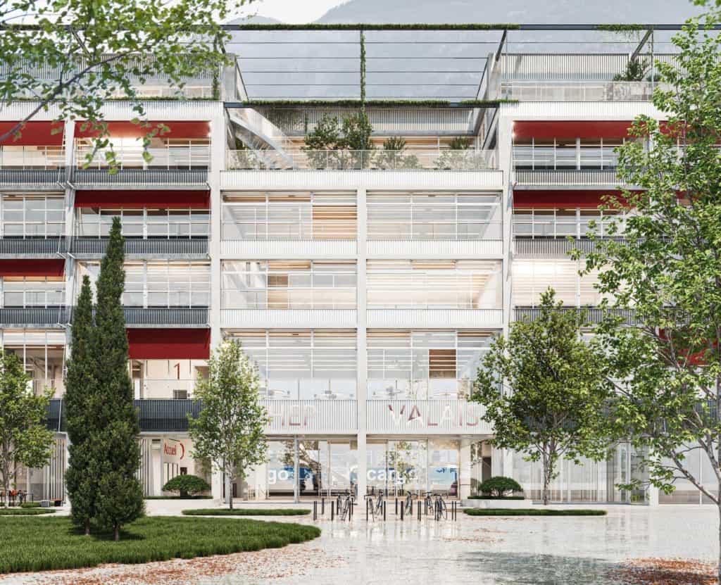 Immeuble moderne avec jardins et arbres en façade, vue de face.