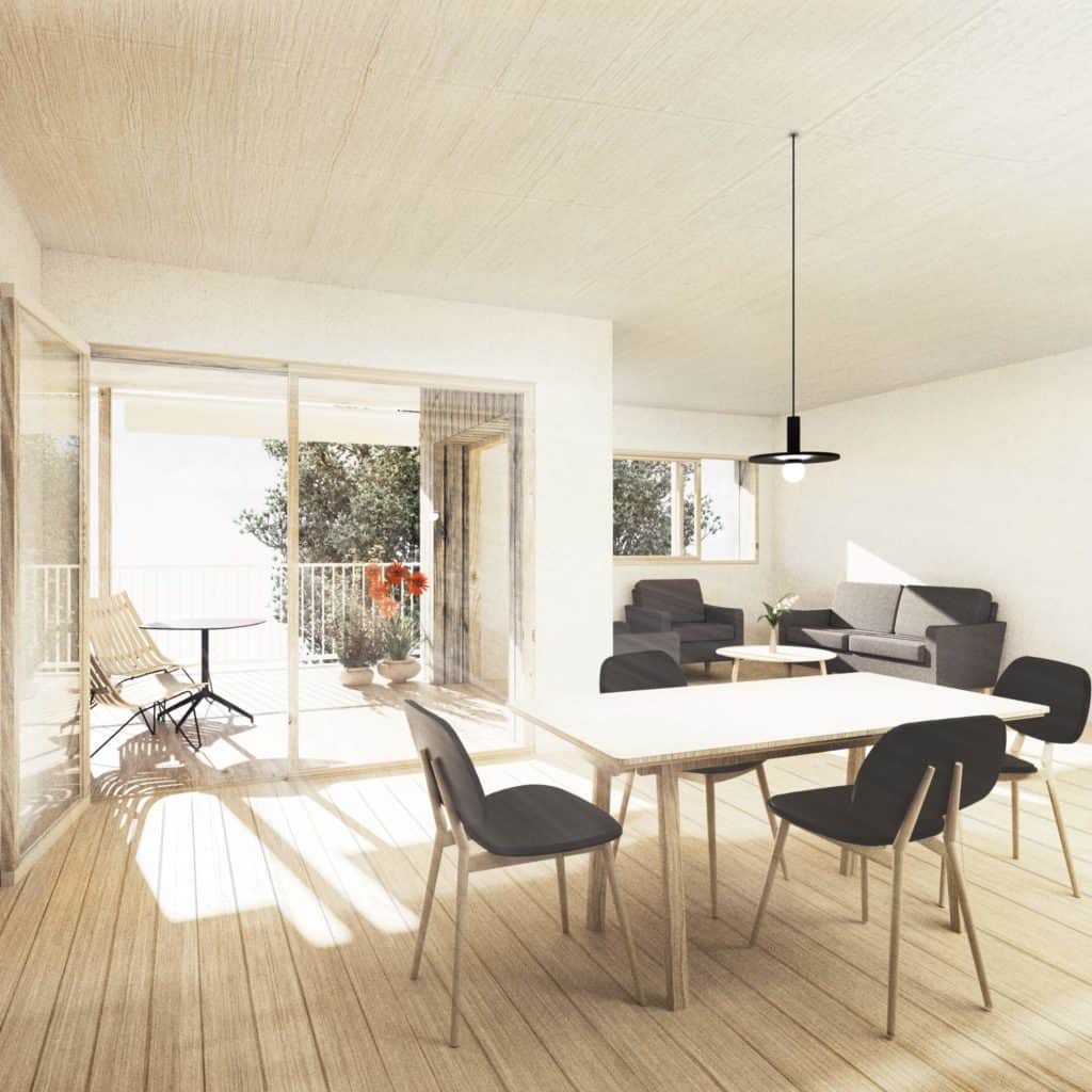 Salon lumineux avec vue sur balcon et mobilier moderne.